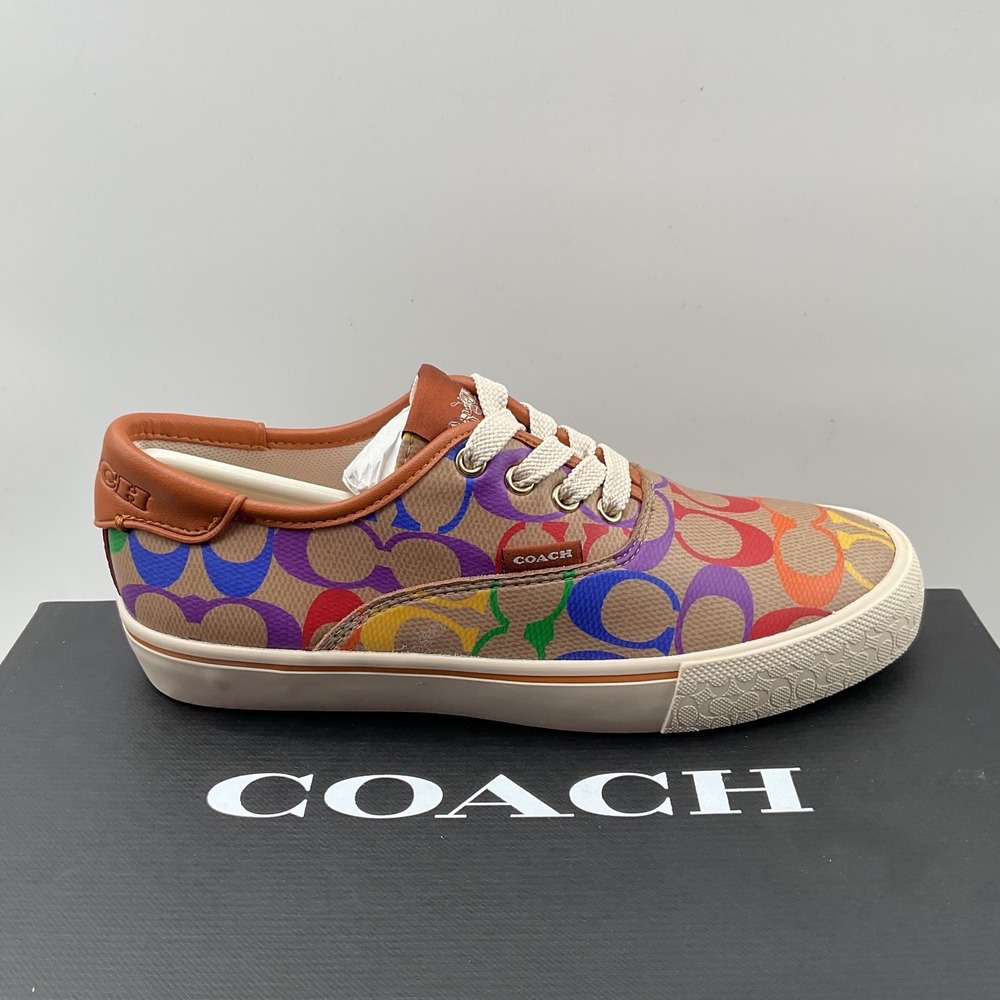 Coach Womens Rainbow Signature Monogram Low Top Sneakers Tan Multi Color